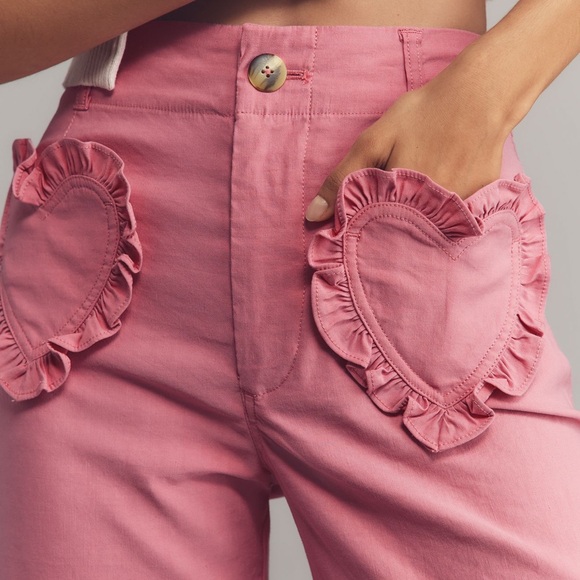 Anthropologie Colette Heart Pocket Wide Leg Cropped Pants Maeve Pink Valentines - Picture 2 of 7